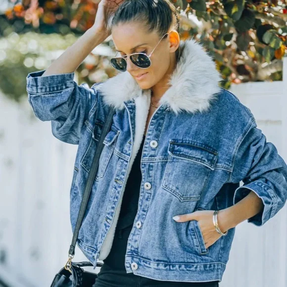 Vici | Jackets & Coats | Boone Pocketed Faux Fur Denim Jacket